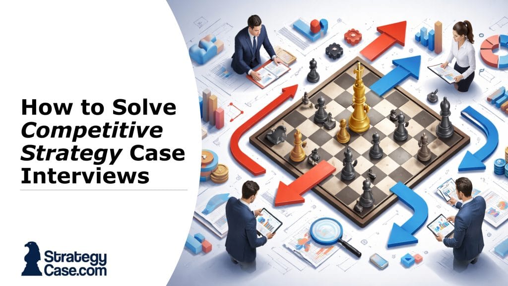 Horizontal cover image for an article on competitive strategy case interviews, showing professionals analyzing a chessboard with business charts, arrows, and data visuals representing market competition and strategic decision-making.