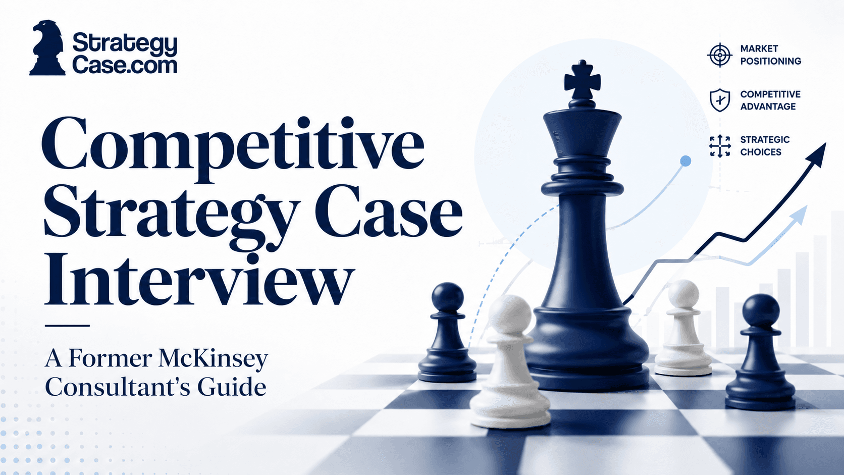 Cover image for a competitive strategy case interview guide, showing a chessboard with strategic chess pieces, upward market arrows, and StrategyCase.com branding.