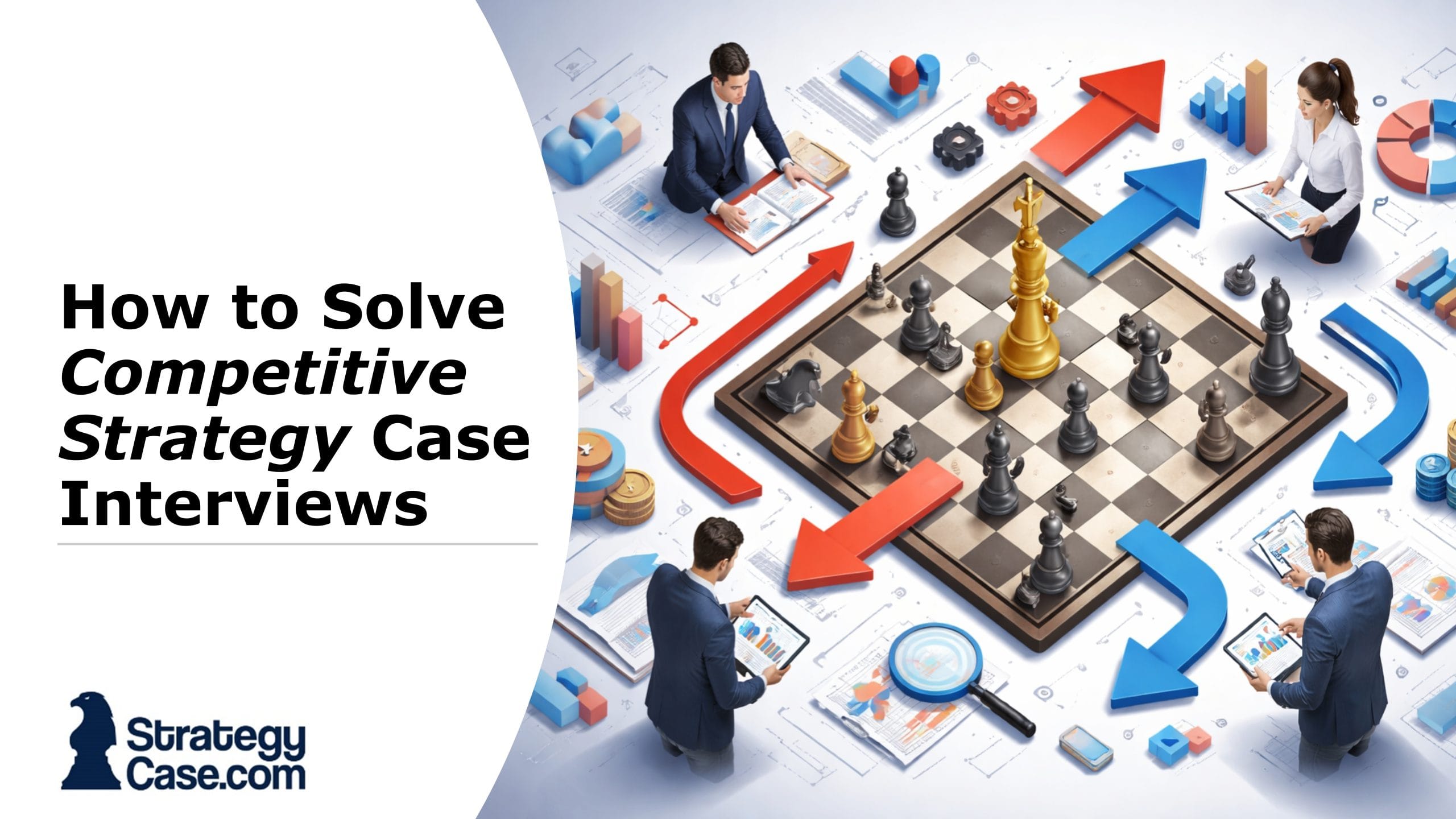 Horizontal cover image for an article on competitive strategy case interviews, showing professionals analyzing a chessboard with business charts, arrows, and data visuals representing market competition and strategic decision-making.