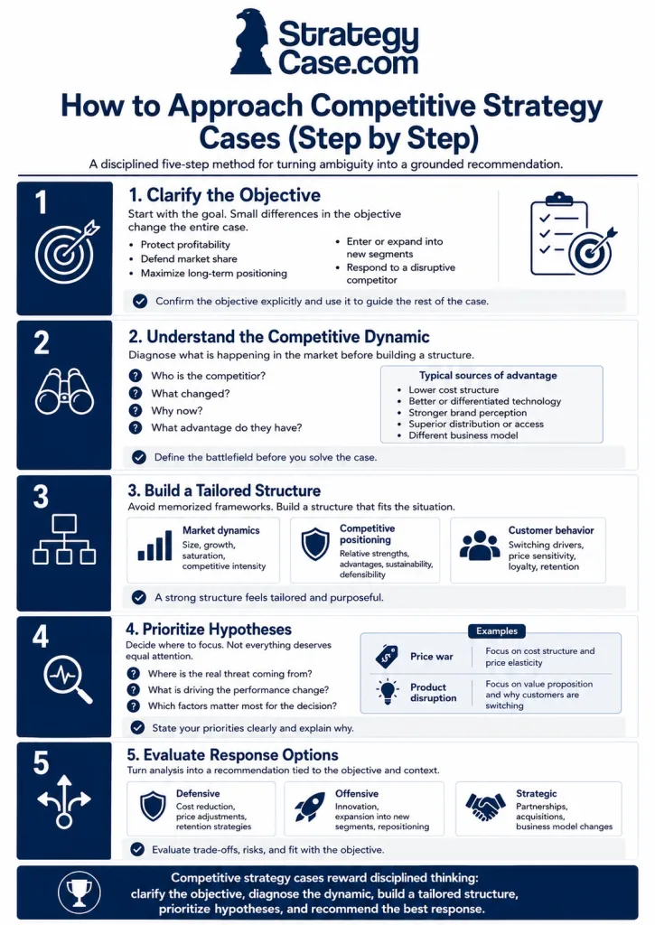 Infographic showing a five-step method for competitive strategy cases: clarify the objective, understand the competitive dynamic, build a tailored structure, prioritize hypotheses, and evaluate response options.
