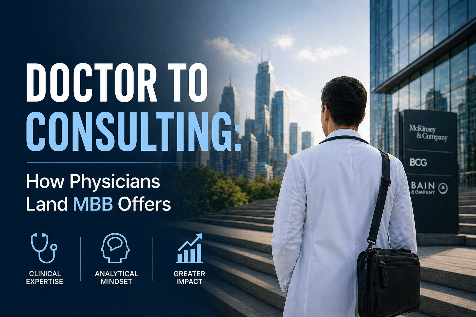 Cover image for an article on doctor to consulting: a physician in a white coat overlooking a corporate cityscape, representing the shift from clinical practice to consulting, within the broader context of military to consulting and lawyer to consulting career transitions.