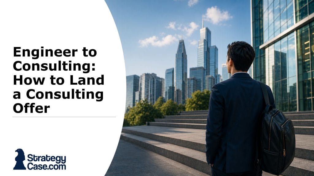 Cover image for an article on “engineer to consulting”: a professional in a suit with a backpack overlooking a modern city skyline, symbolizing the transition from engineering to a consulting career.