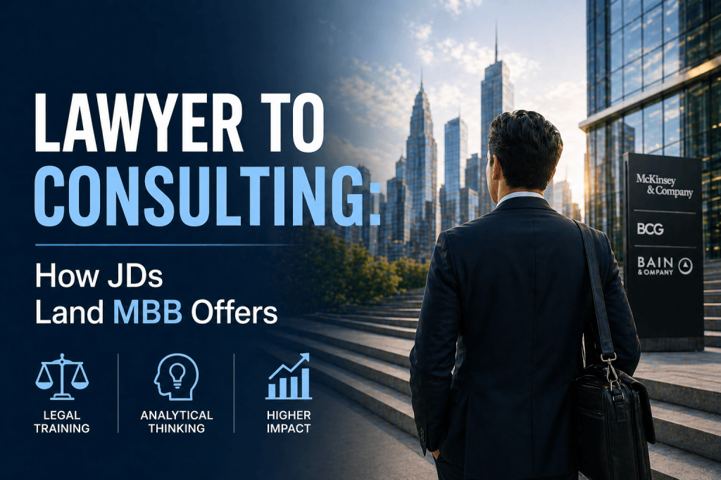 Cover image for an article on lawyer to consulting: a suited professional with a briefcase facing a modern business district, illustrating the move from legal practice to consulting, alongside common transitions such as military to consulting and doctor to consulting.