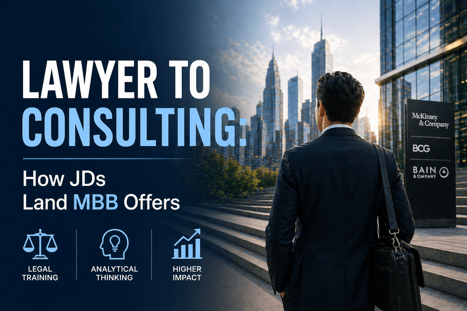 Cover image for an article on lawyer to consulting: a suited professional with a briefcase facing a modern business district, illustrating the move from legal practice to consulting, alongside common transitions such as military to consulting and doctor to consulting.