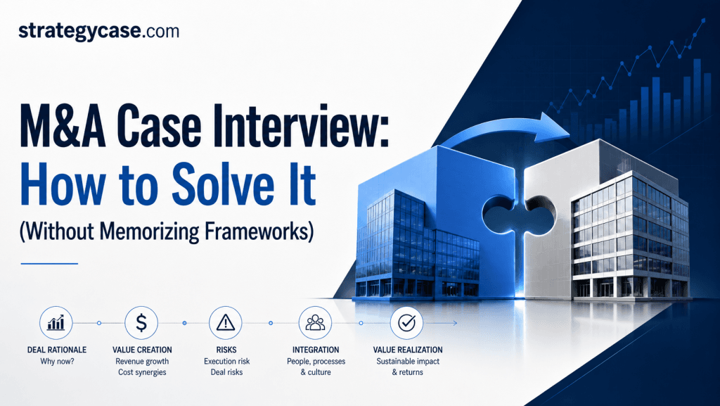 Professional cover image for an M&A case interview guide, showing two puzzle-piece office buildings merging with a structured deal analysis flow for rationale, value creation, risks, integration, and value realization.