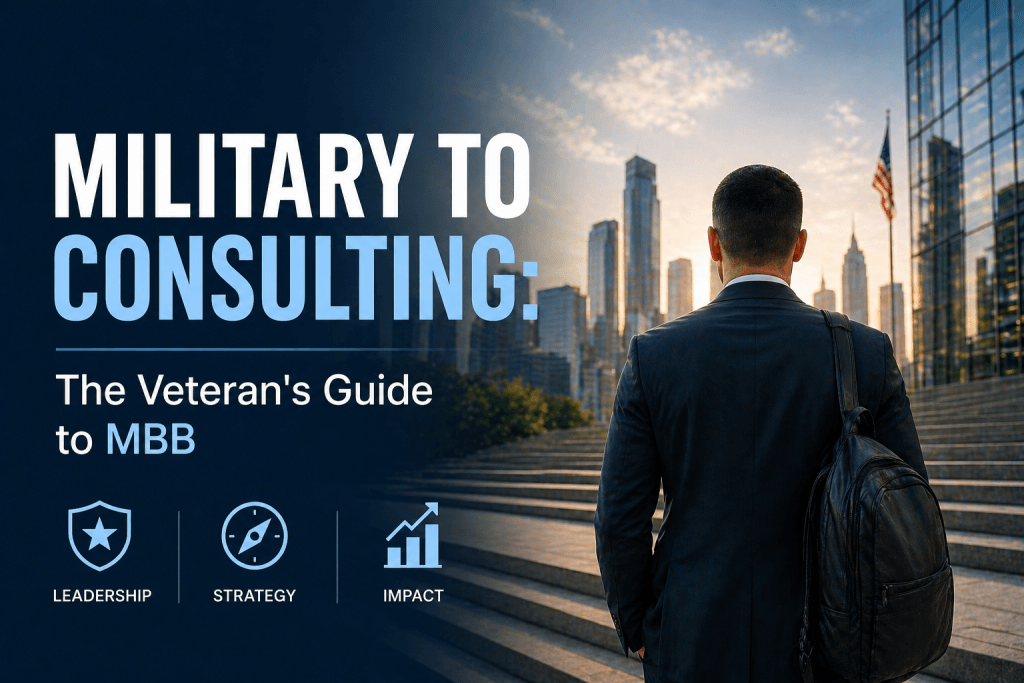 Cover image for an article on military to consulting: a professional in a suit standing in front of a modern city skyline at sunrise, symbolizing the transition from military leadership to a consulting career, alongside broader paths like lawyer to consulting and doctor to consulting.