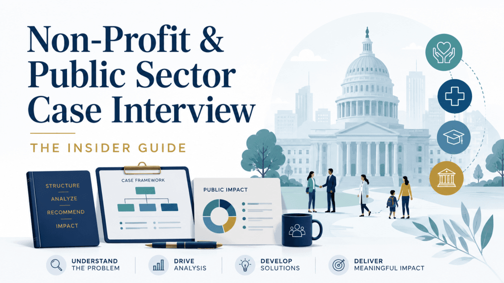 Professional cover image for a non-profit and public sector case interview guide, showing public impact themes, government services, structured analysis, and consulting interview preparation.