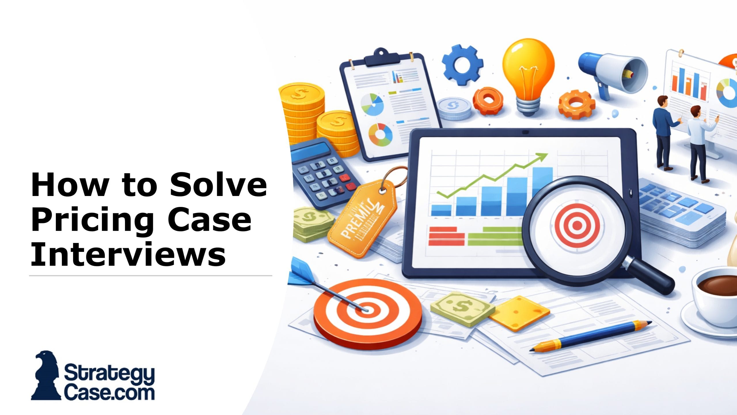Horizontal cover image for an article on pricing case interviews, showing a modern isometric business scene with charts, financial tools, and professionals analyzing data, symbolizing pricing strategy and decision-making.