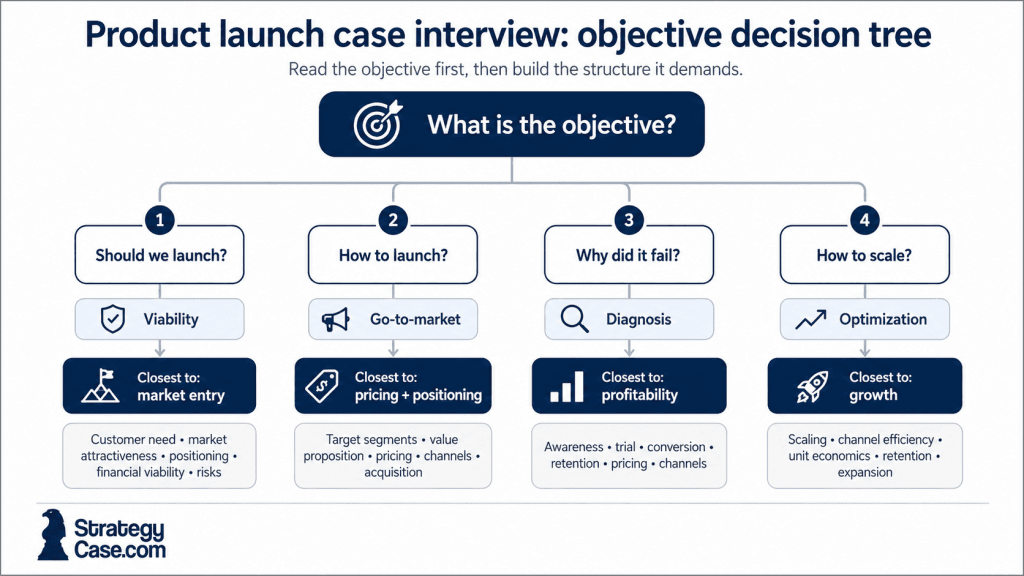 Decision tree showing how four product launch case interview objectives map to different structures: launch viability, go-to-market, failure diagnosis, and scaling optimization.