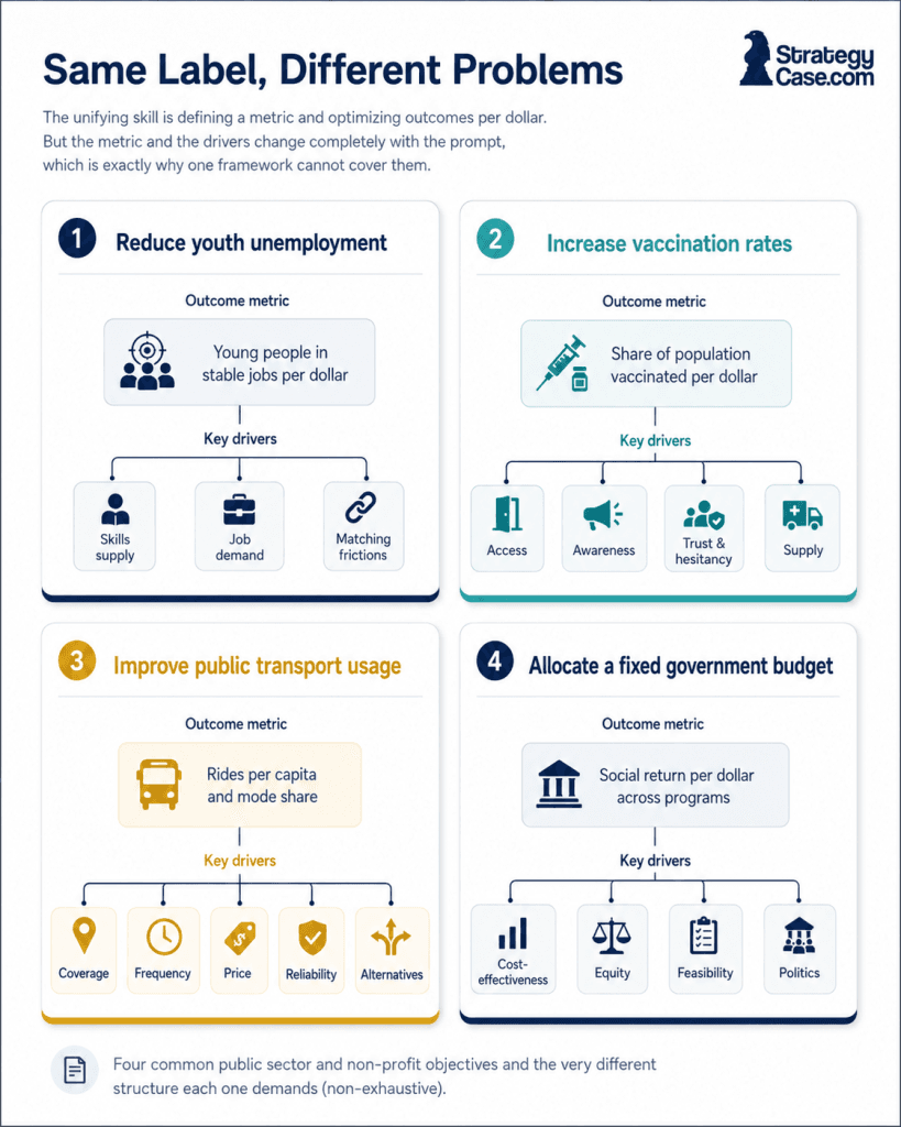 Infographic showing four public sector and non-profit case prompts with different outcome metrics and driver trees, including youth unemployment, vaccination rates, public transport usage, and government budget allocation.