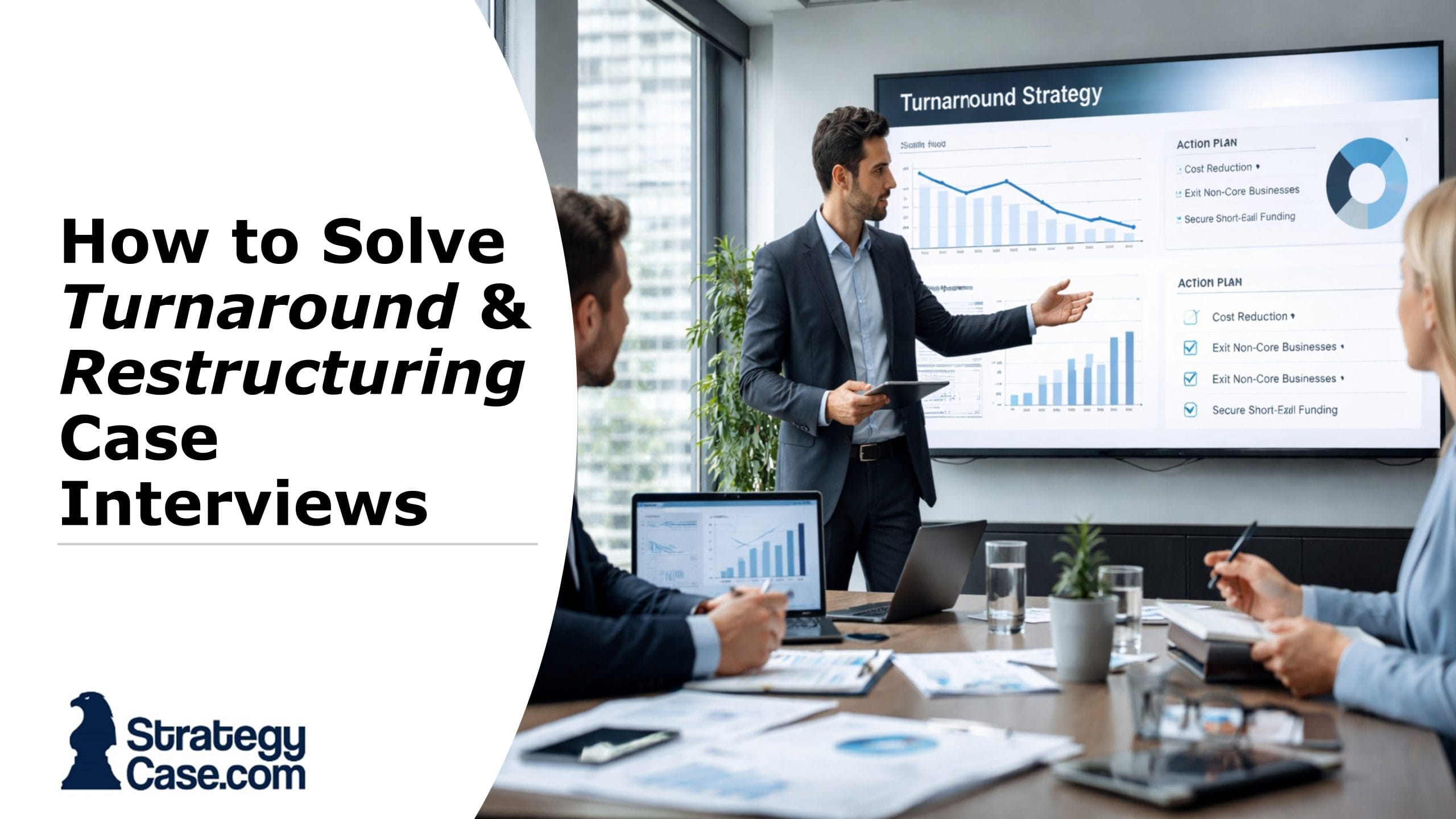 Cover image for an article on turnaround and restructuring case interviews, showing a consulting team analyzing financial performance and discussing strategy in a modern office setting