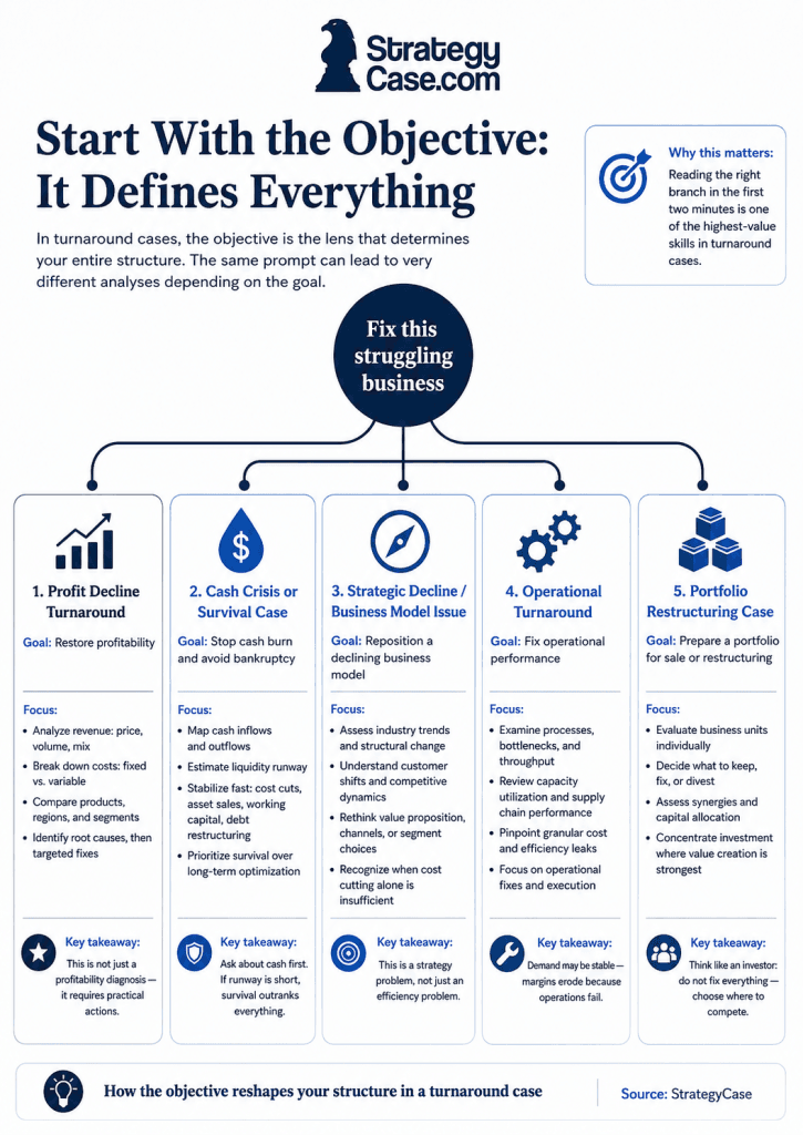 Infographic showing how turnaround case objectives branch into profit, cash, strategy, operations, and portfolio structures.