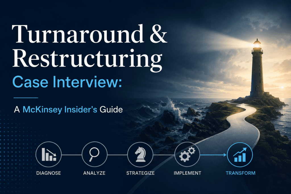 Cover image for a turnaround and restructuring case interview guide with a lighthouse guiding a business transformation path.