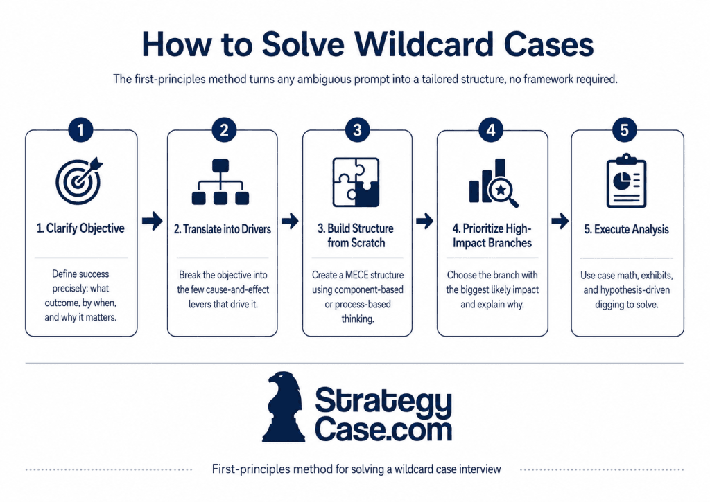 wildcard-case-first-principles-structuring-flow First-principles method for solving wildcard case interviews in five steps, from objective to analysis.