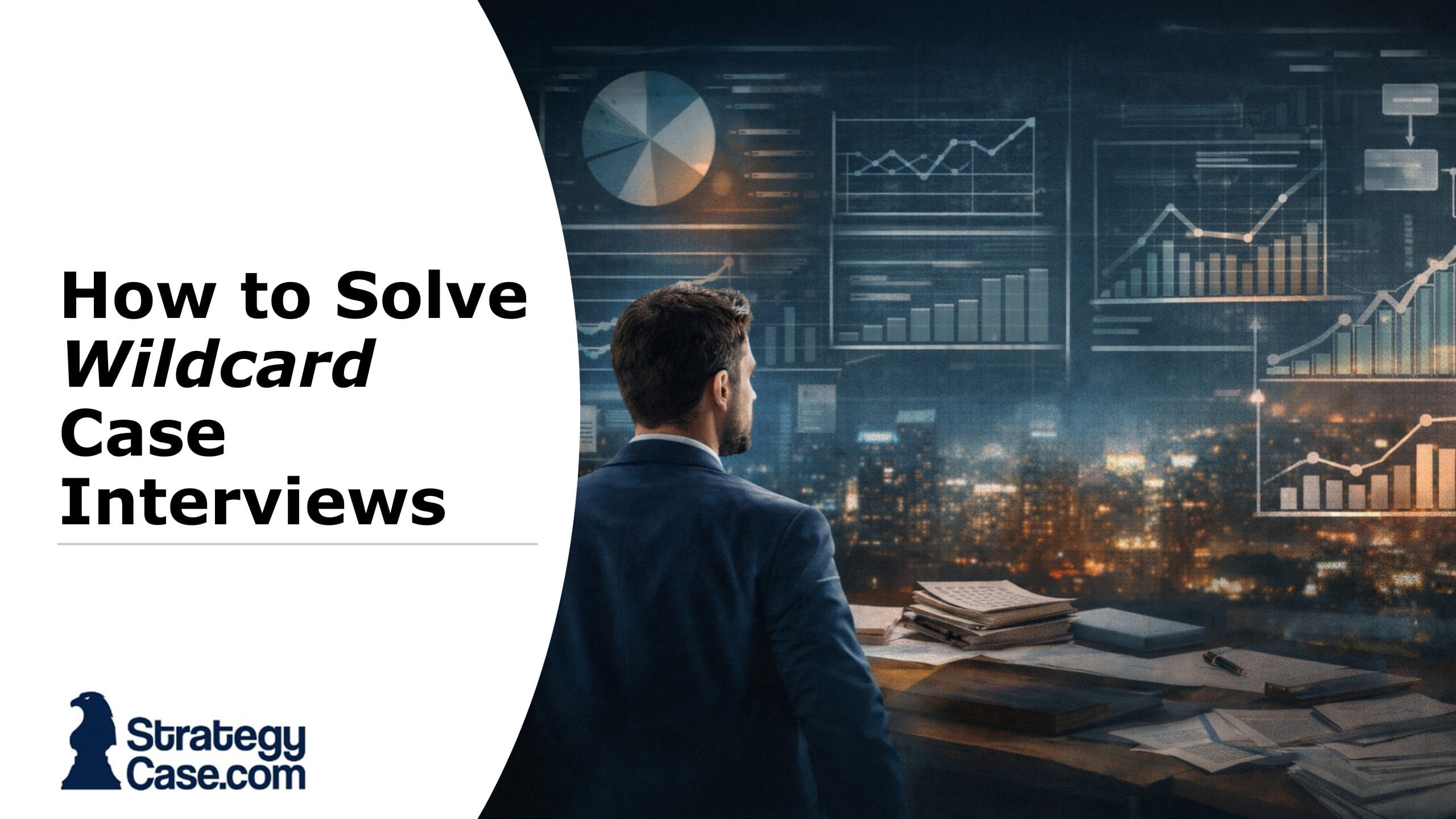 Cover image for an article on wildcard case interviews showing a consultant reviewing data dashboards and charts in a modern office overlooking a city at night, representing structured thinking and analysis in consulting