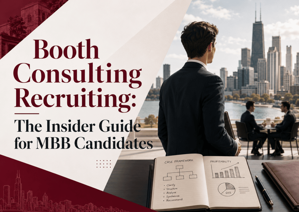 Cover image for an article titled “Booth Consulting Recruiting: The Insider Guide for MBB Candidates,” showing a business school candidate overlooking the Chicago skyline, with case interview notes, strategy charts, and a polished consulting recruiting layout in Booth-inspired maroon tones.