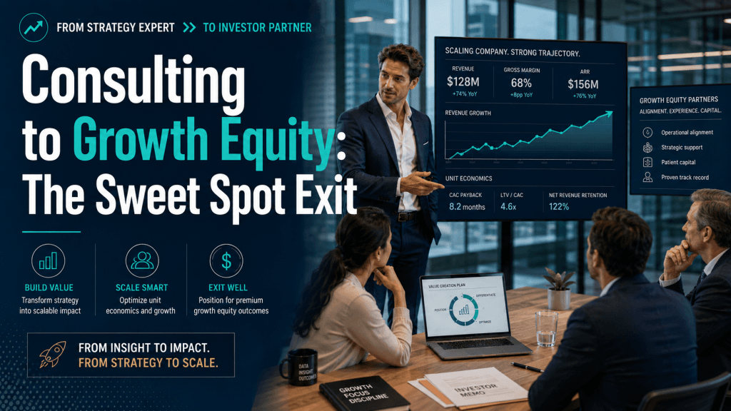 Cover image for Consulting to Growth Equity: The Sweet Spot Exit, showing a consultant presenting revenue growth, unit economics, and scaling strategy in a growth equity investment meeting.
