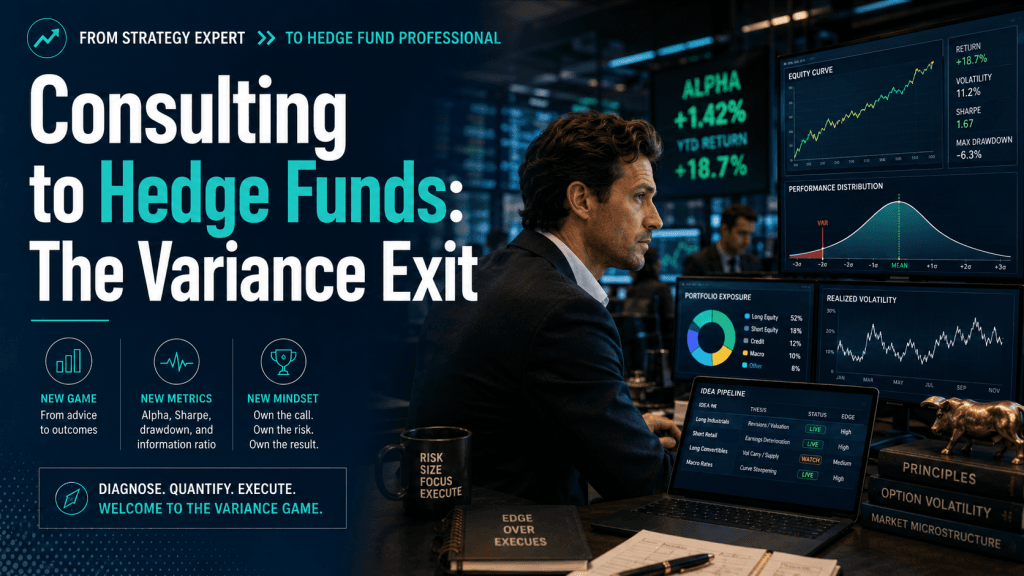 Cover image for Consulting to Hedge Funds: The Variance Exit, showing a consultant moving into hedge funds with trading screens, volatility charts, and portfolio performance data.