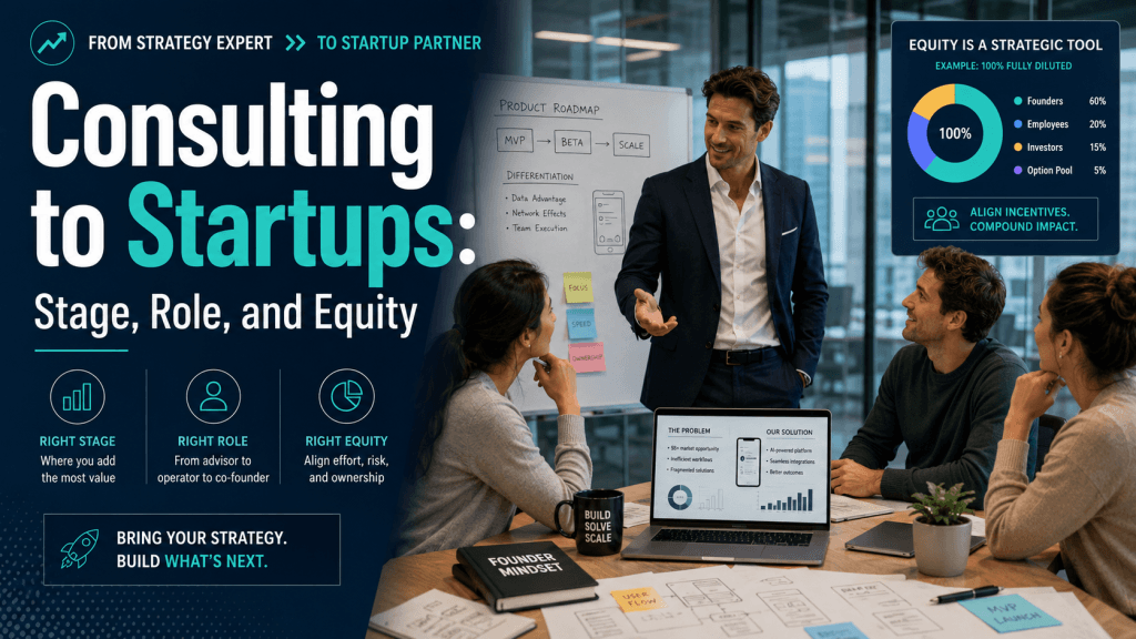 Cover image for Consulting to Startups: Stage, Role, and Equity, showing a consultant advising a startup team on product roadmap, ownership, and equity strategy.