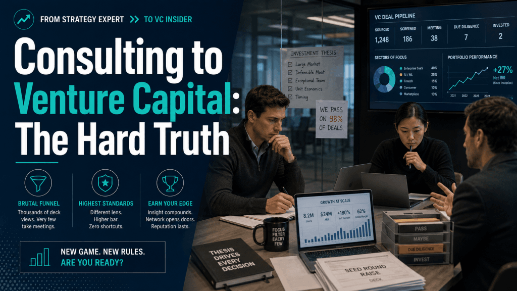 Cover image for Consulting to Venture Capital: The Hard Truth, showing consultants evaluating startup pitches, VC deal flow, investment theses, and a highly selective funding funnel.