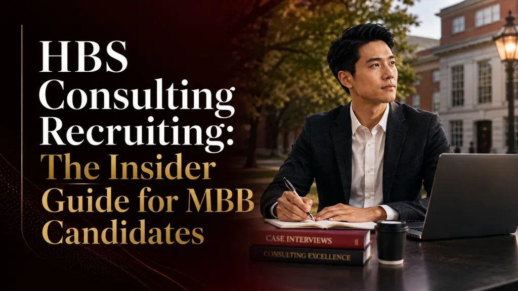 Cover image for an HBS consulting recruiting guide, showing an MBA candidate studying for MBB recruiting on a prestigious business school campus with case interview materials and a laptop.