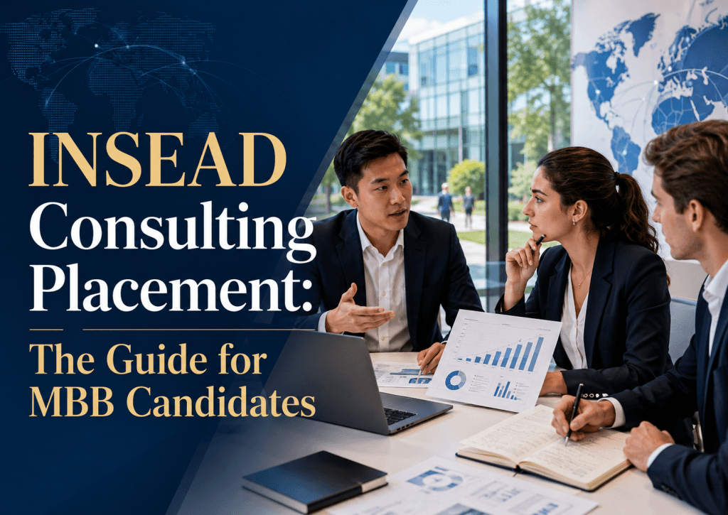 Professional INSEAD consulting placement cover image showing MBA candidates in a strategy discussion with charts, global map visuals, and the title “INSEAD Consulting Placement: The Guide for MBB Candidates.”