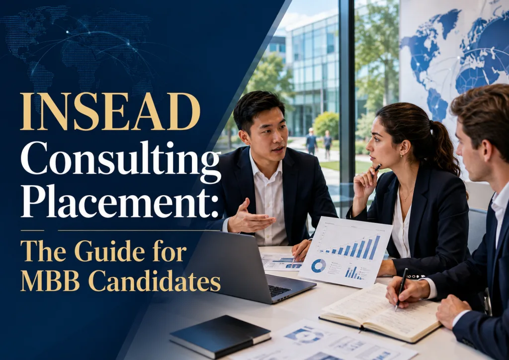 Professional INSEAD consulting placement cover image showing MBA candidates in a strategy discussion with charts, global map visuals, and the title “INSEAD Consulting Placement: The Guide for MBB Candidates.”