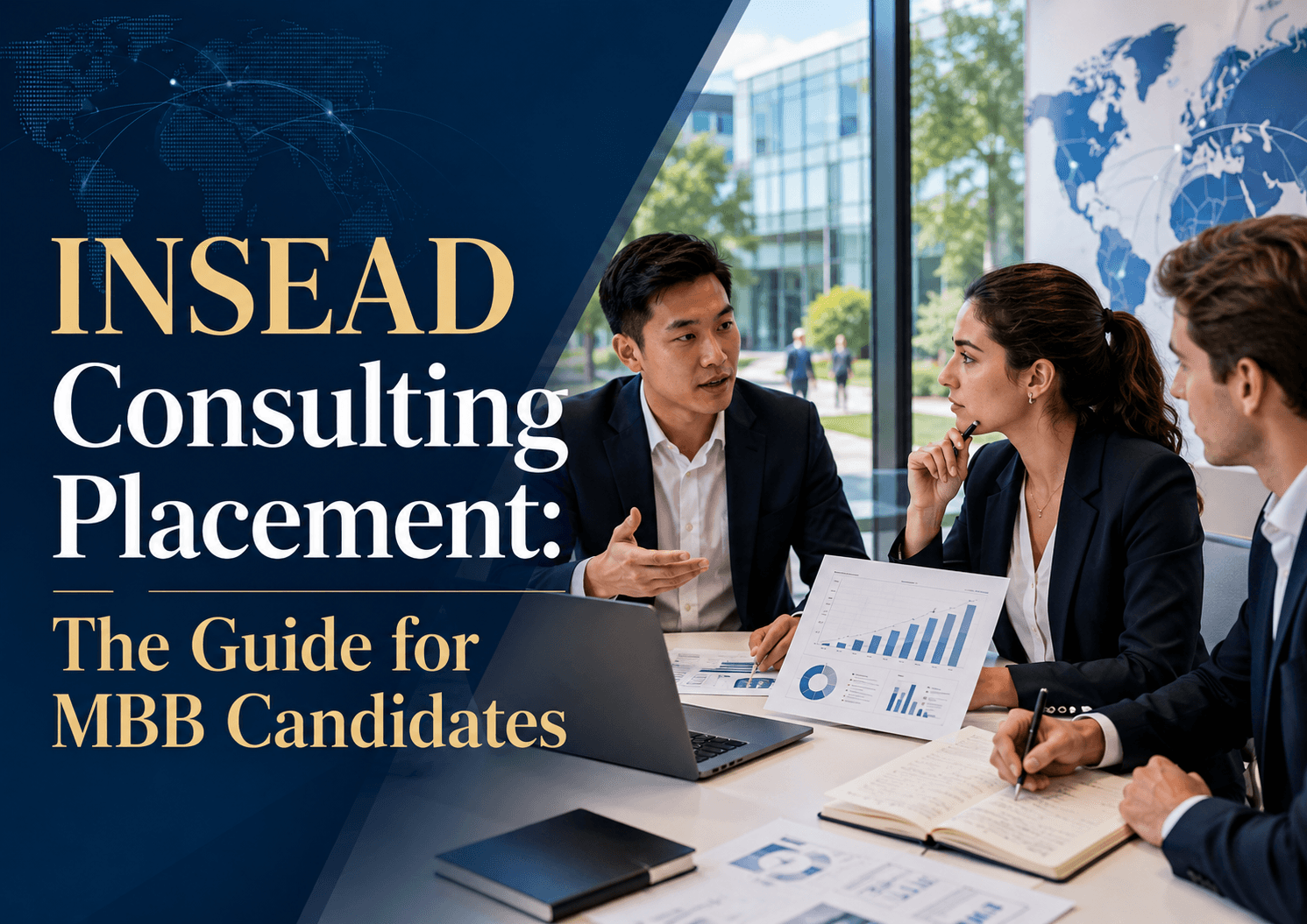 Professional INSEAD consulting placement cover image showing MBA candidates in a strategy discussion with charts, global map visuals, and the title “INSEAD Consulting Placement: The Guide for MBB Candidates.”