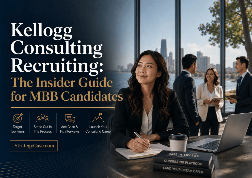 Cover image for a Kellogg consulting recruiting guide, showing MBA candidates preparing for MBB interviews in a collaborative business school setting with case interview and recruiting themes.