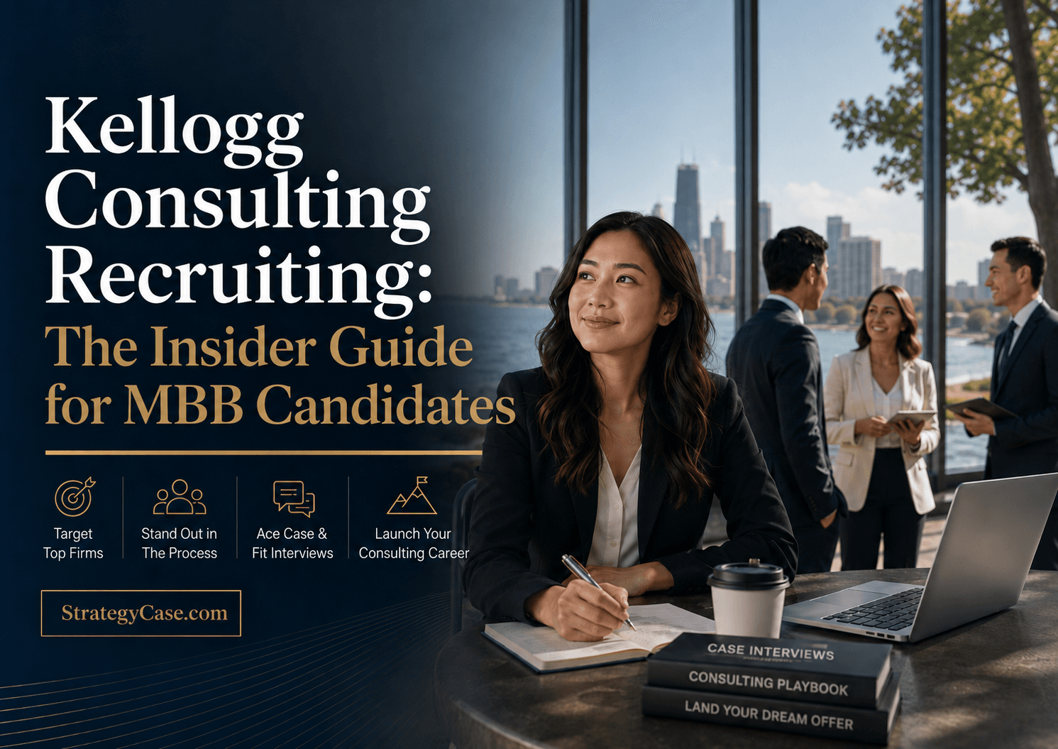 Cover image for a Kellogg consulting recruiting guide, showing MBA candidates preparing for MBB interviews in a collaborative business school setting with case interview and recruiting themes.