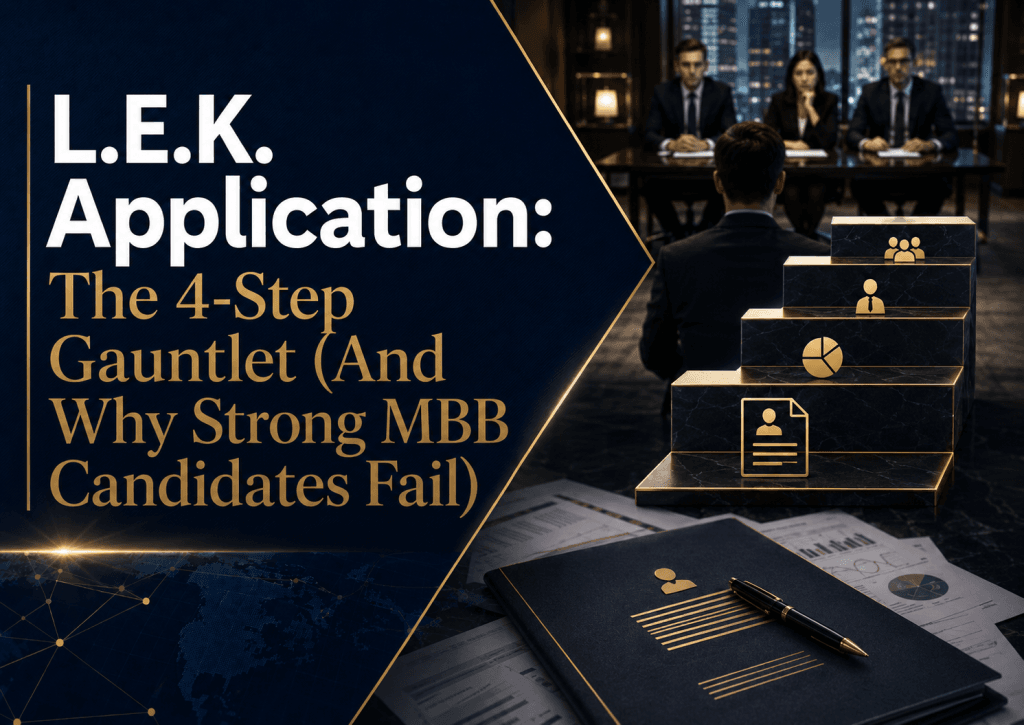 Cover image for L.E.K. Application showing a selective consulting interview process with application documents, assessment stages, and an interview panel.