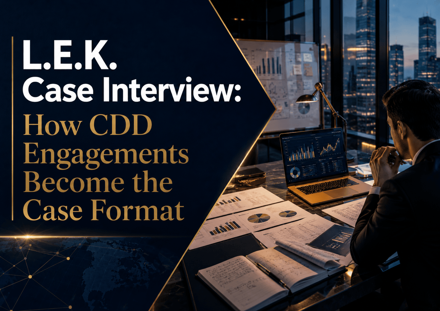 Cover image for L.E.K. Case Interview showing a consultant analyzing CDD-style charts, case notes, and market data in a high-end office setting.