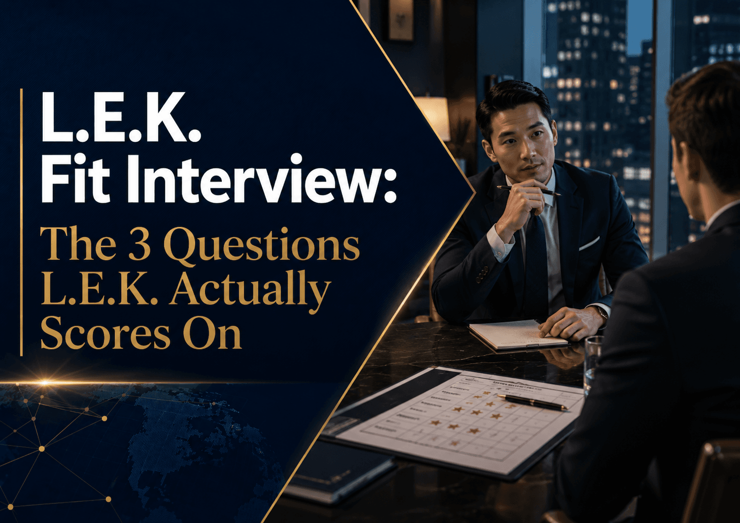 Cover image for L.E.K. Fit Interview showing a formal consulting interview with an interviewer, candidate, scoring sheet, and evaluation cues.