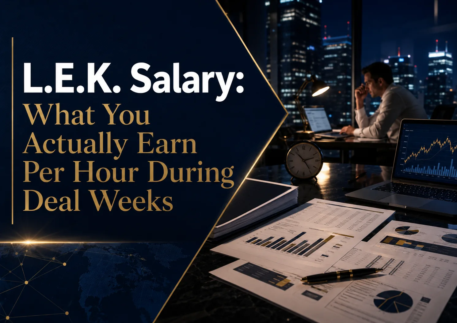 Cover image for L.E.K. Salary showing a late-night consulting workspace with financial reports, a clock, and deal-week analysis on laptop screens.
