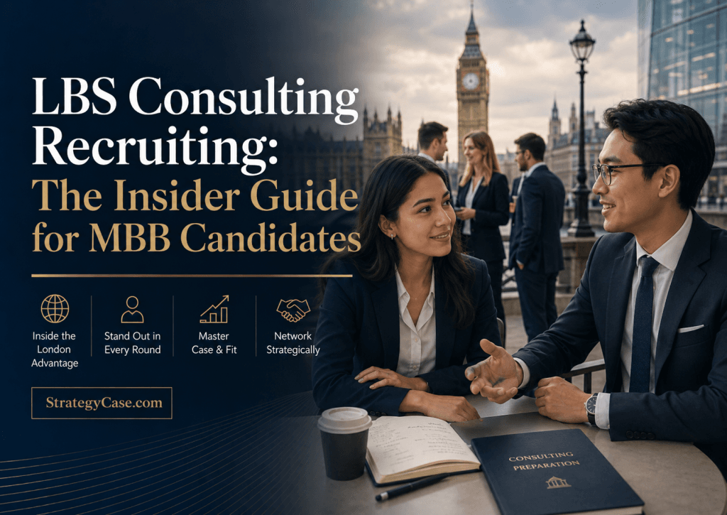 Cover image for an LBS consulting recruiting guide, showing MBA candidates networking in London with MBB recruiting, case interview, and consulting career preparation themes.