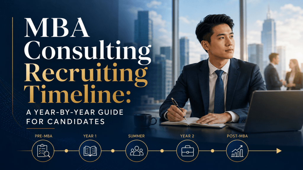 Cover image for an MBA consulting recruiting timeline guide, showing a business school candidate in a professional office setting with a visual timeline of recruiting milestones from pre-MBA through post-MBA.
