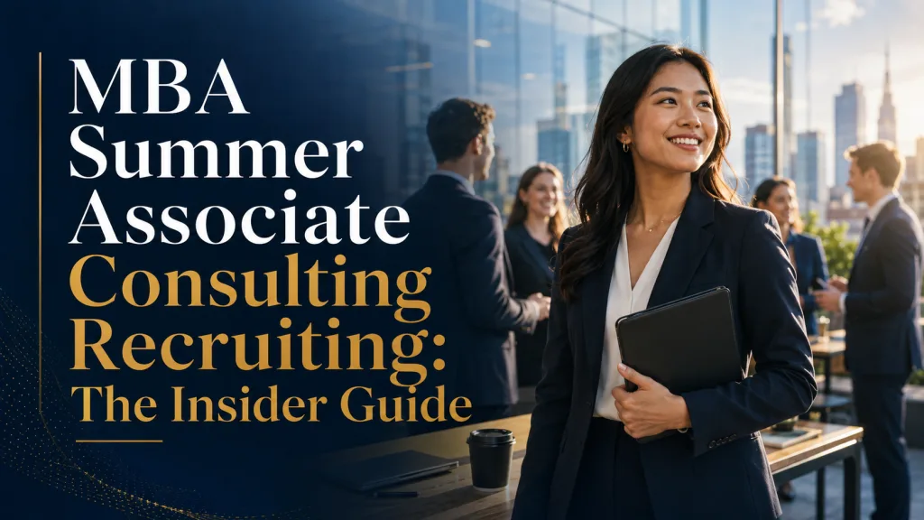 Cover image for an MBA summer associate consulting recruiting guide, showing a confident MBA candidate in business attire at a professional networking event with consultants in the background.