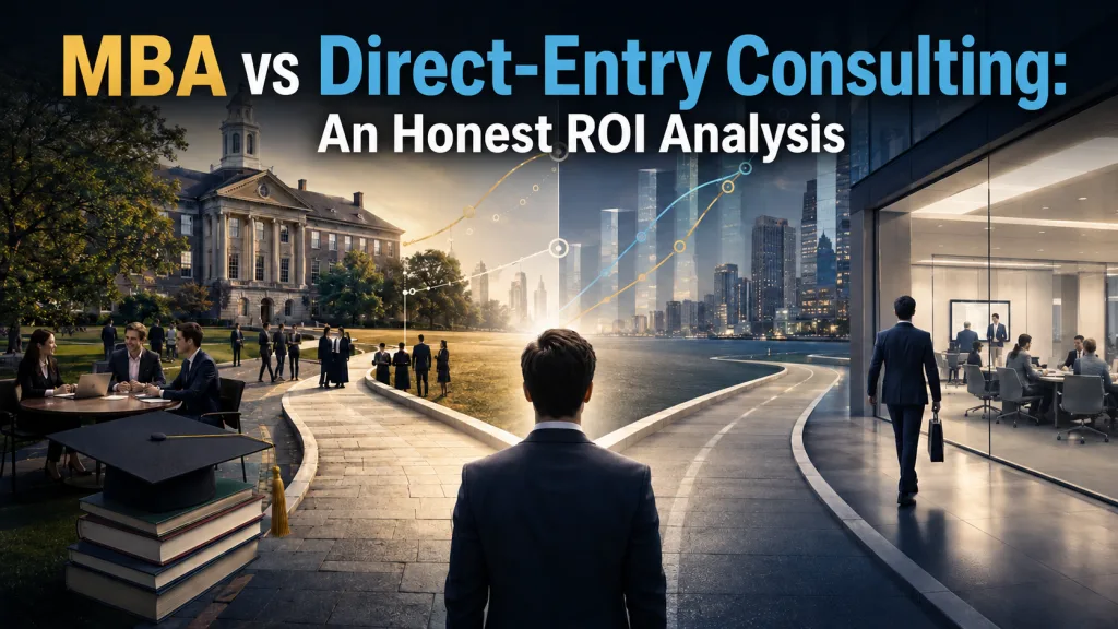 Cover image for “MBA vs Direct-Entry Consulting: An Honest ROI Analysis,” showing a candidate facing two career paths: an MBA campus route on the left and a corporate consulting route on the right, with rising trajectory lines symbolizing compensation, career progression, and long-term optionality.