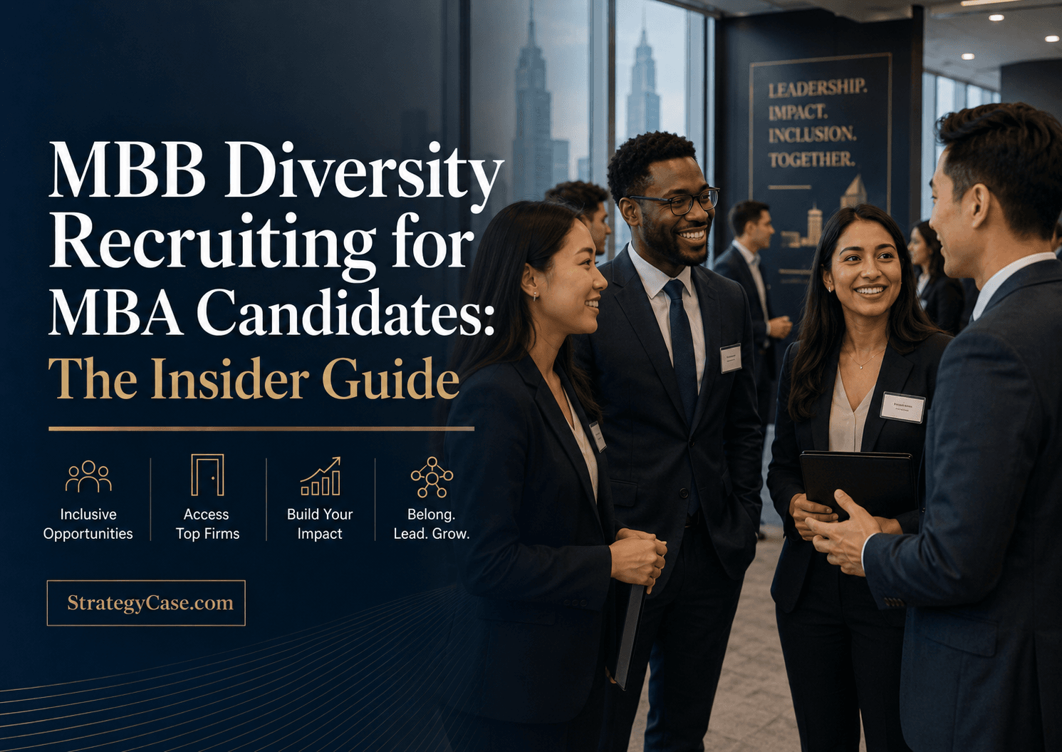 Cover image for an MBB diversity recruiting guide for MBA candidates, showing a diverse group of professionals networking in a consulting recruiting event setting.