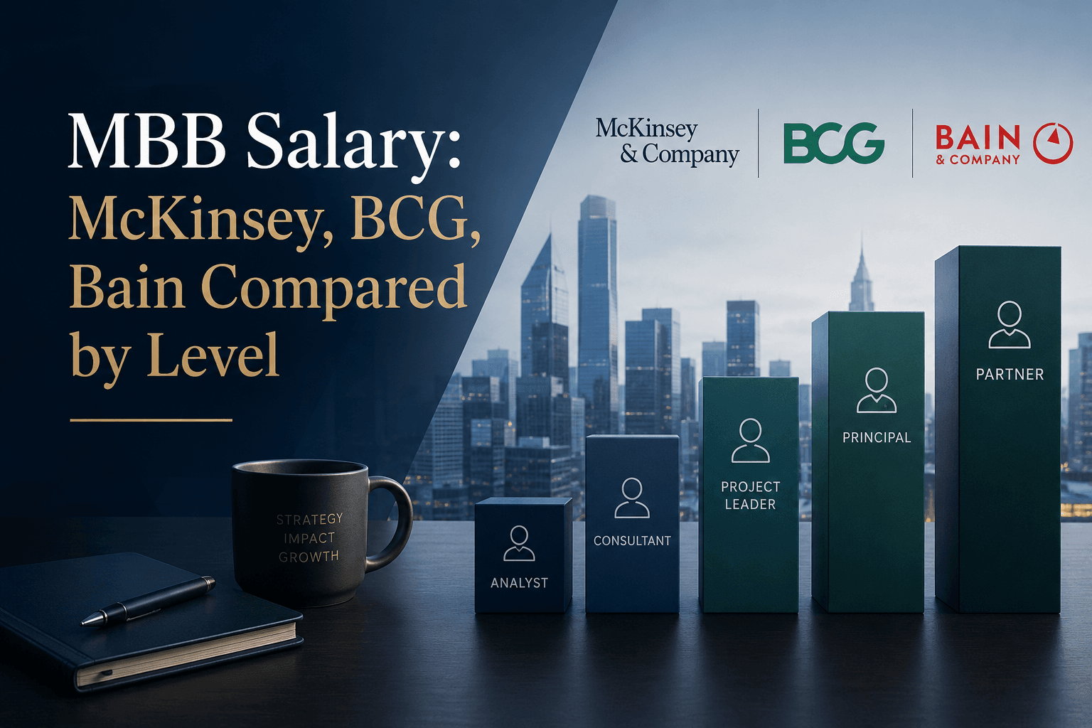 Professional cover image for an MBB salaries comparison article, showing McKinsey, BCG, and Bain alongside a rising career-level bar chart from analyst to partner with a corporate skyline background.
