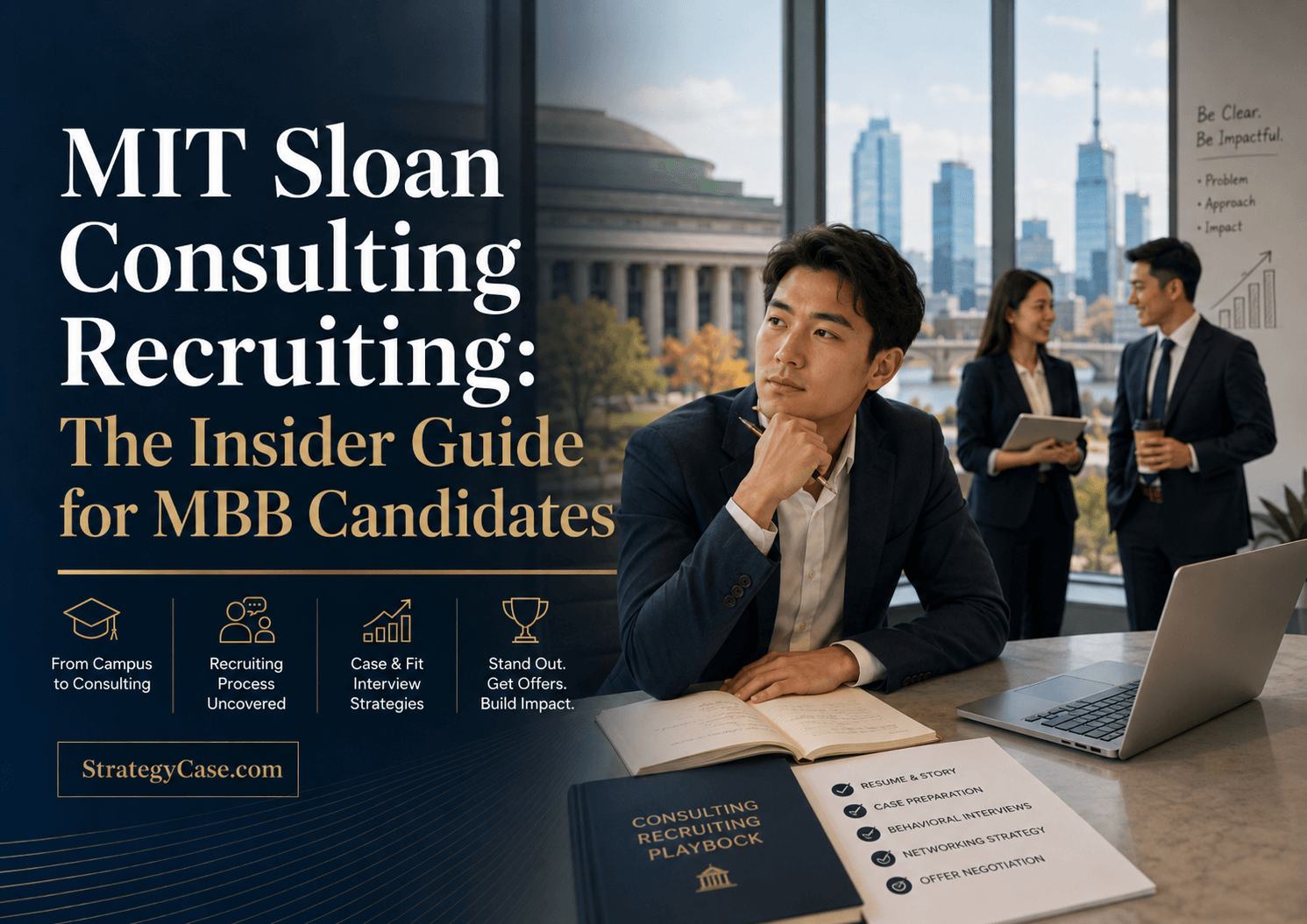Cover image for an MIT Sloan consulting recruiting guide, showing an MBA candidate preparing for MBB interviews in a modern office with campus, case interview, and recruiting strategy themes.