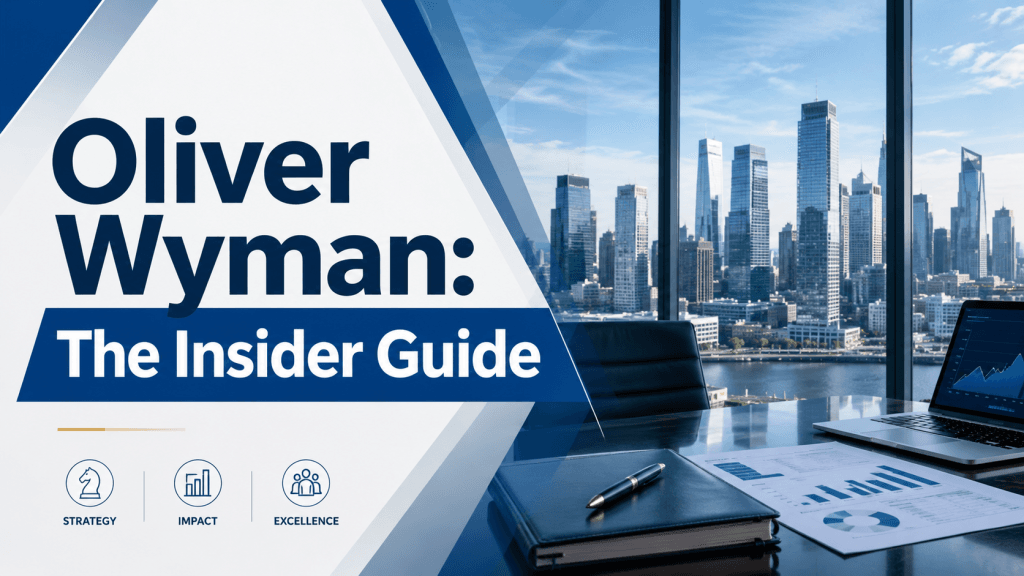Wide cover image showing a modern consulting office, city skyline, business charts, and the headline “Oliver Wyman: The Insider Guide.”