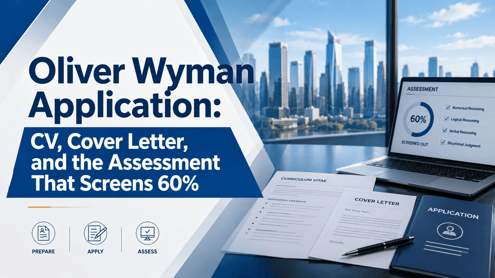 Cover image for Oliver Wyman Application guide showing a CV, cover letter, application folder, and assessment dashboard with a 60% screening visual.
