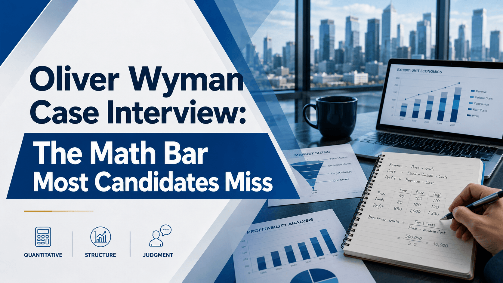 Cover image for Oliver Wyman Case Interview preparation showing case math notes, unit economics charts, market sizing analysis, and a consultant working through quantitative case calculations.