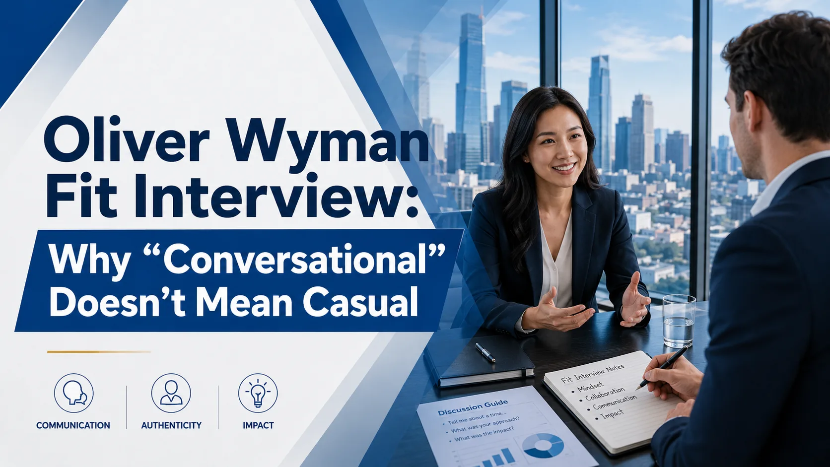 Cover image for Oliver Wyman Fit Interview guide showing two professionals in a consulting interview conversation with notes on communication, authenticity, and impact.