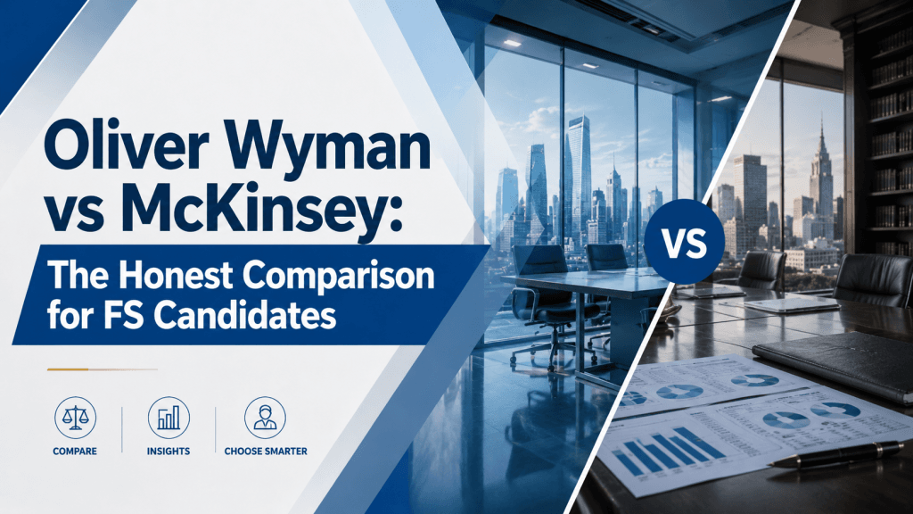 Cover image for Oliver Wyman vs McKinsey comparison showing a split consulting office scene, comparison charts, and a VS badge for financial services candidates.