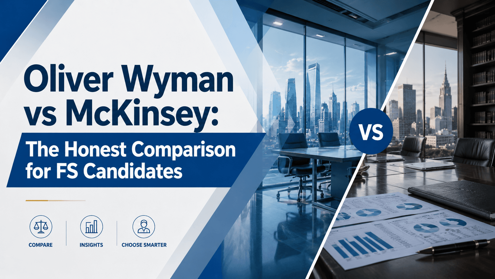Cover image for Oliver Wyman vs McKinsey comparison showing a split consulting office scene, comparison charts, and a VS badge for financial services candidates.