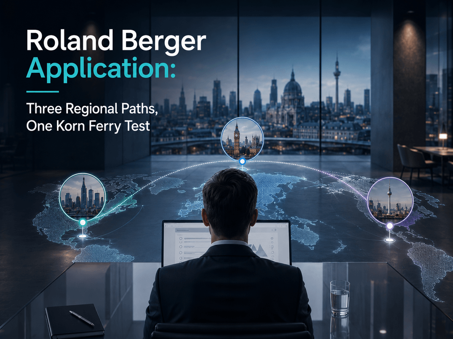 Cover image for Roland Berger Application article showing regional application paths across Europe, the Americas, and Asia-Pacific with a digital assessment interface.
