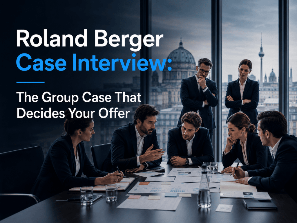 Cover image for Roland Berger Case Interview article showing a group case discussion in a modern European boardroom with consultants analyzing documents.