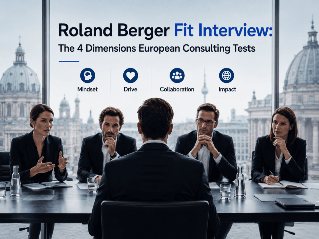 Cover image for Roland Berger Fit Interview article showing a candidate facing interviewers in a European boardroom, with mindset, drive, collaboration, and impact as evaluation dimensions.